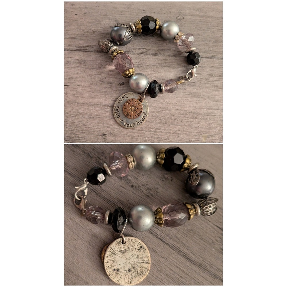 Follow Your Heart Charm Bracelet Beaded Compass Rose Silver Black Purple Boho